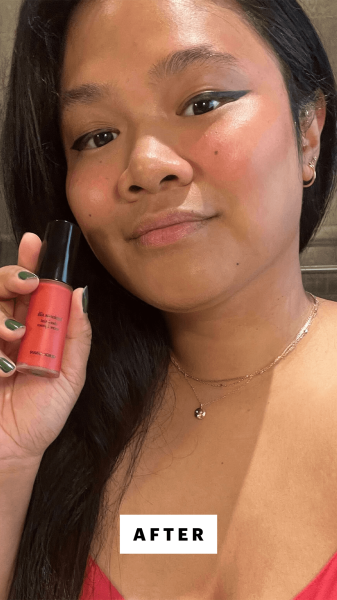 A selfie of Allure senior editor Jesa Marie Calaor after applying Armani Beauty Luminous Silk Cheek Tint in Flaming Red