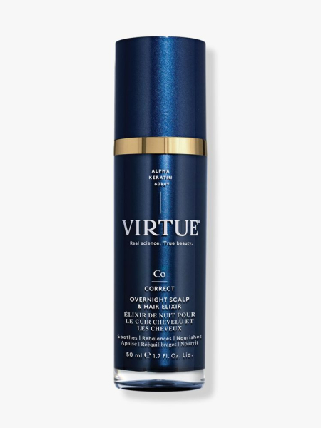Virtue Overnight Scalp and Hair Elixir navy bottle on light gray background