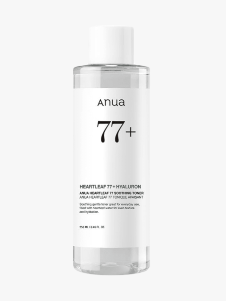Anua Heartleaf 77 Soothing Toner in branded bottle component on a light gray background